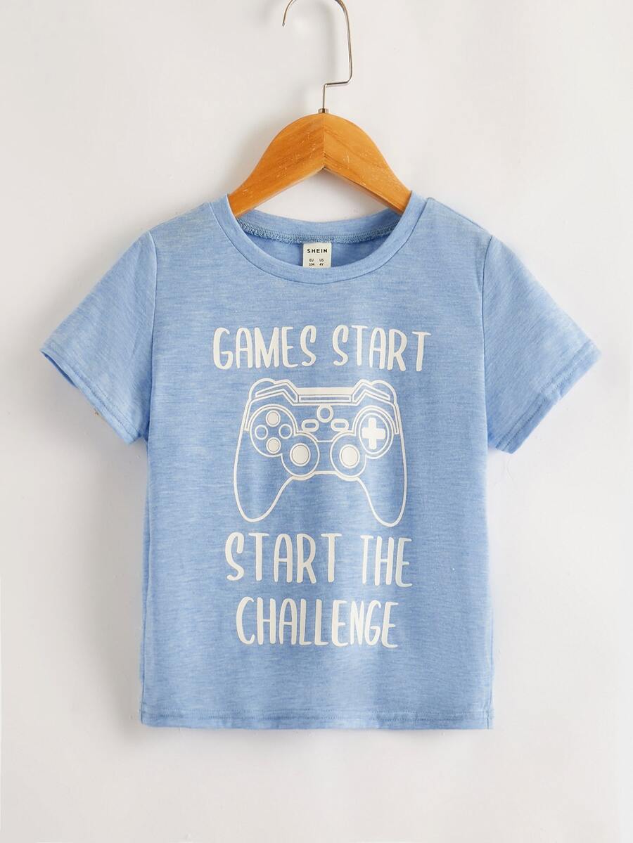 SHEIN 小男童遊戲手柄和標語圖案T恤 - 淺藍色 - 查看 1