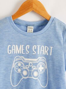 SHEIN 小男童遊戲手柄和標語圖案T恤 - 淺藍色 - 查看 3
