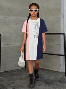 SHEIN Girls Drop Shoulder Letter Graphic Colourblock Tee Dress - Multicolor - View 3