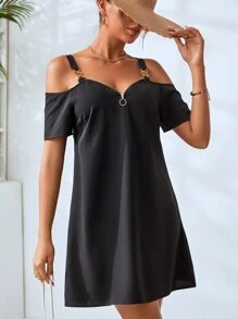 SHEIN LUNE Vestido de hombros descubiertos con diseño de cadena con cremallera delantera - Negro - Ver 4