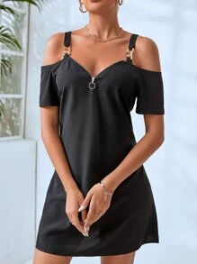 SHEIN LUNE Vestido de hombros descubiertos con diseño de cadena con cremallera delantera - Negro - Ver 5