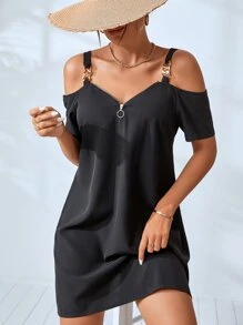SHEIN LUNE Vestido de hombros descubiertos con diseño de cadena con cremallera delantera - Negro - Ver 6