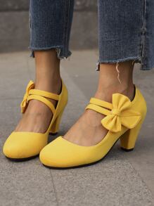 女性蝴蝶結裝飾瑪麗珍前衛戶外仿麂皮高跟鞋