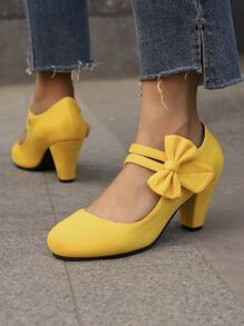 女性蝴蝶結裝飾瑪麗珍前衛戶外仿麂皮高跟鞋
