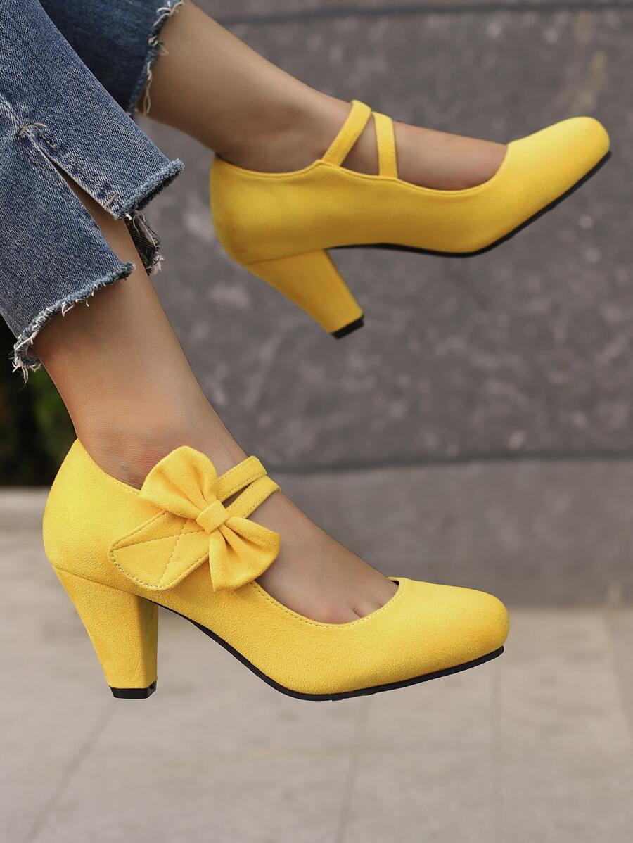 女性蝴蝶結裝飾瑪麗珍前衛戶外仿麂皮高跟鞋