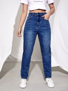 SHEIN EZwear High Waist Mom Fit Jeans - Dark Wash - View 3