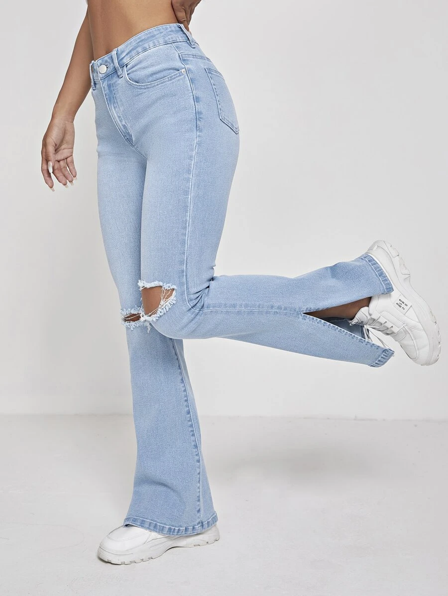 SHEIN PETITE Quần jean nữ Nút Bị tách Chia Dây kéo màu trơn - Rửa nhẹ - Xem 1