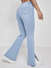 SHEIN PETITE Quần jean nữ Nút Bị tách Chia Dây kéo màu trơn - Rửa nhẹ - Xem 2