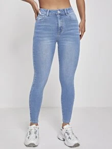 SHEIN PETITE High Waist Washed Skinny Jeans - Light Wash - View 1