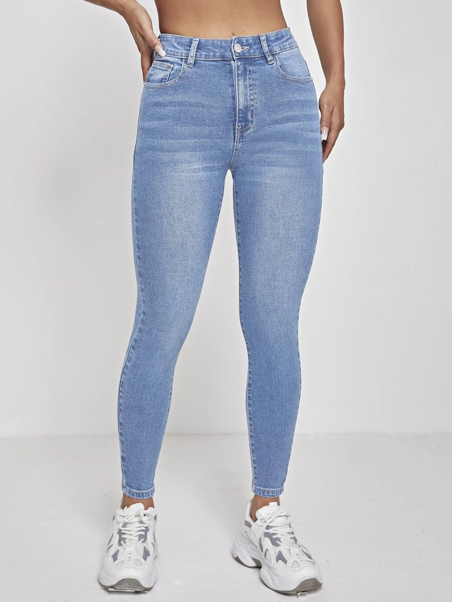 SHEIN PETITE High Waist Washed Skinny Jeans - Light Wash - View 1