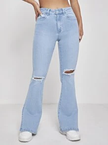 SHEIN PETITE Quần jean nữ Nút Bị tách Chia Dây kéo màu trơn - Rửa nhẹ - Xem 4