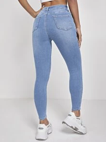 SHEIN PETITE High Waist Washed Skinny Jeans - Light Wash - View 2