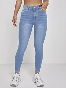 SHEIN PETITE High Waist Washed Skinny Jeans - Light Wash - View 3
