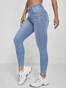 SHEIN PETITE High Waist Washed Skinny Jeans - Light Wash - View 4