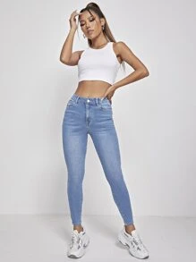 SHEIN PETITE High Waist Washed Skinny Jeans - Light Wash - View 5
