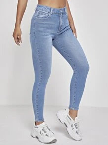 SHEIN PETITE High Waist Washed Skinny Jeans - Light Wash - View 6