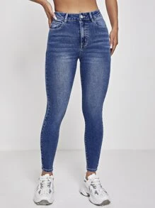 SHEIN PETITE High Waist Washed Skinny Jeans - Dark Wash - View 1