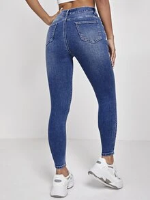 SHEIN PETITE High Waist Washed Skinny Jeans - Dark Wash - View 2