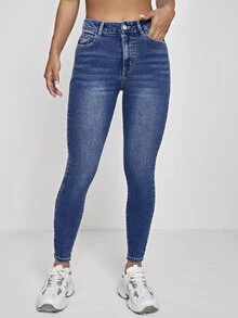 SHEIN PETITE High Waist Washed Skinny Jeans - Dark Wash - View 3
