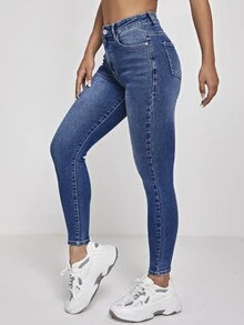 SHEIN PETITE High Waist Washed Skinny Jeans - Dark Wash - View 4