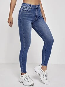 SHEIN PETITE High Waist Washed Skinny Jeans - Dark Wash - View 6