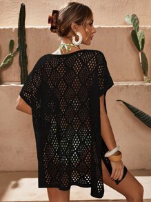 Swim Vcay Summer Beach Hollow Out Slit Thigh Cover Up - Black - View 2