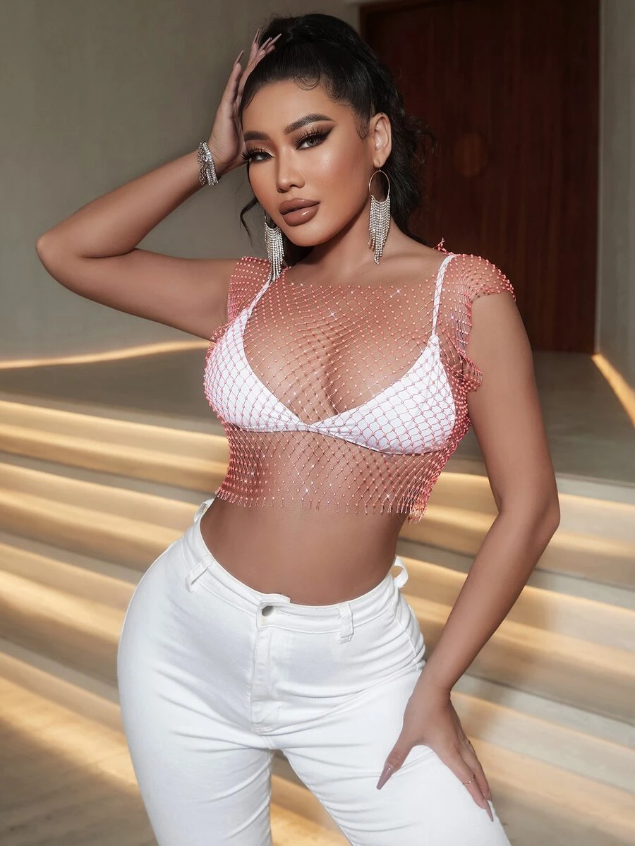 Rhinestone Detail Sheer Mesh Tank Top Without Bra - Coral Pink - View 1