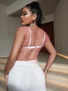 Rhinestone Detail Sheer Mesh Tank Top Without Bra - Coral Pink - View 2