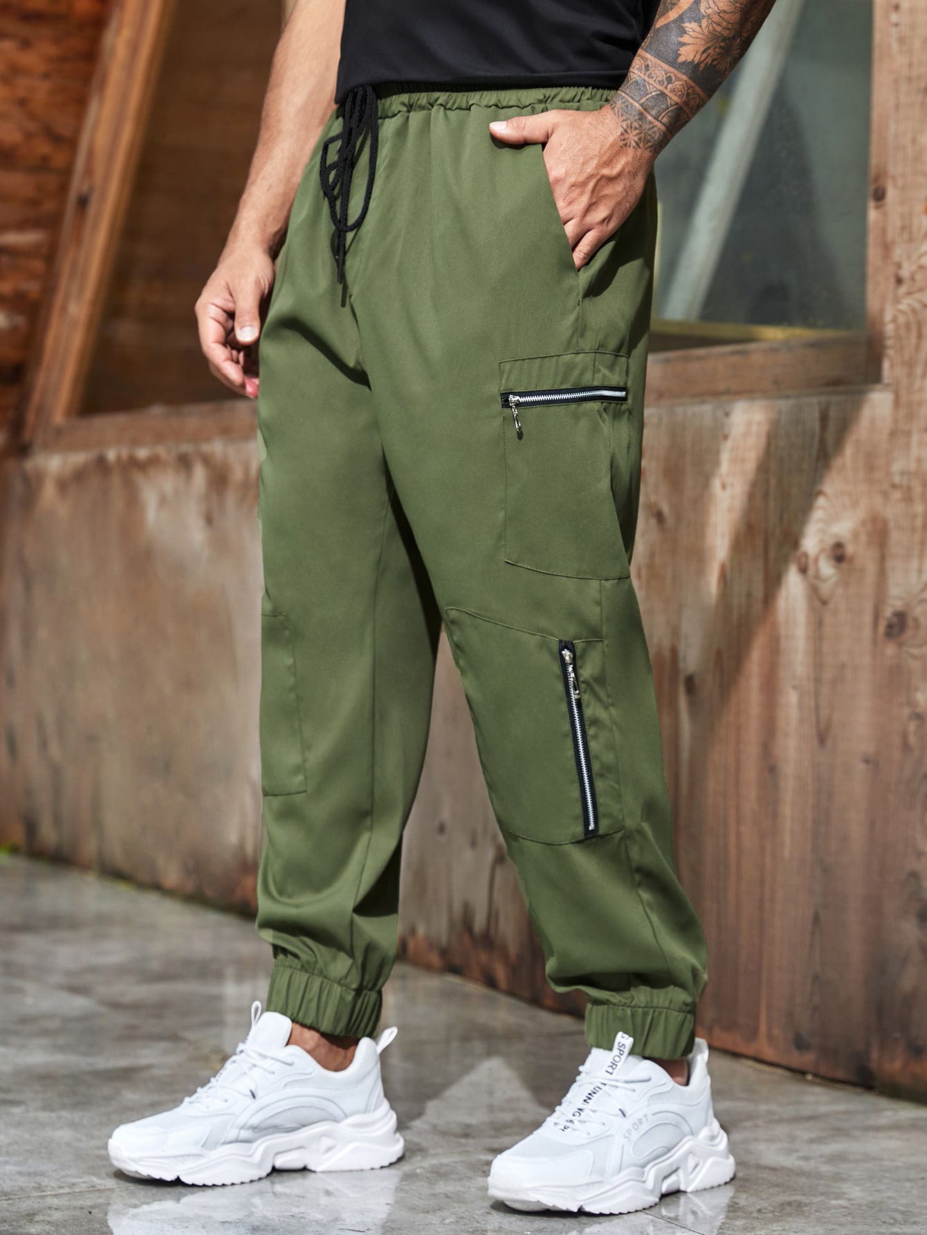 Manfinity Homme Men Zipper Pocket Drawstring Waist Trousers - Army Green - View 1