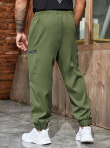 Manfinity Homme Men Zipper Pocket Drawstring Waist Trousers - Army Green - View 2