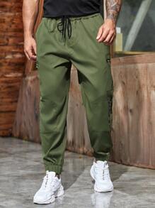 Manfinity Homme Men Zipper Pocket Drawstring Waist Trousers - Army Green - View 3