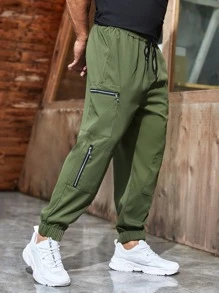 Manfinity Homme Men Zipper Pocket Drawstring Waist Trousers - Army Green - View 4