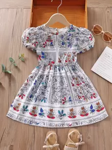 SHEIN Đầm bé gái In chữ V Hoa Boho - Nhiều màu - Xem 1