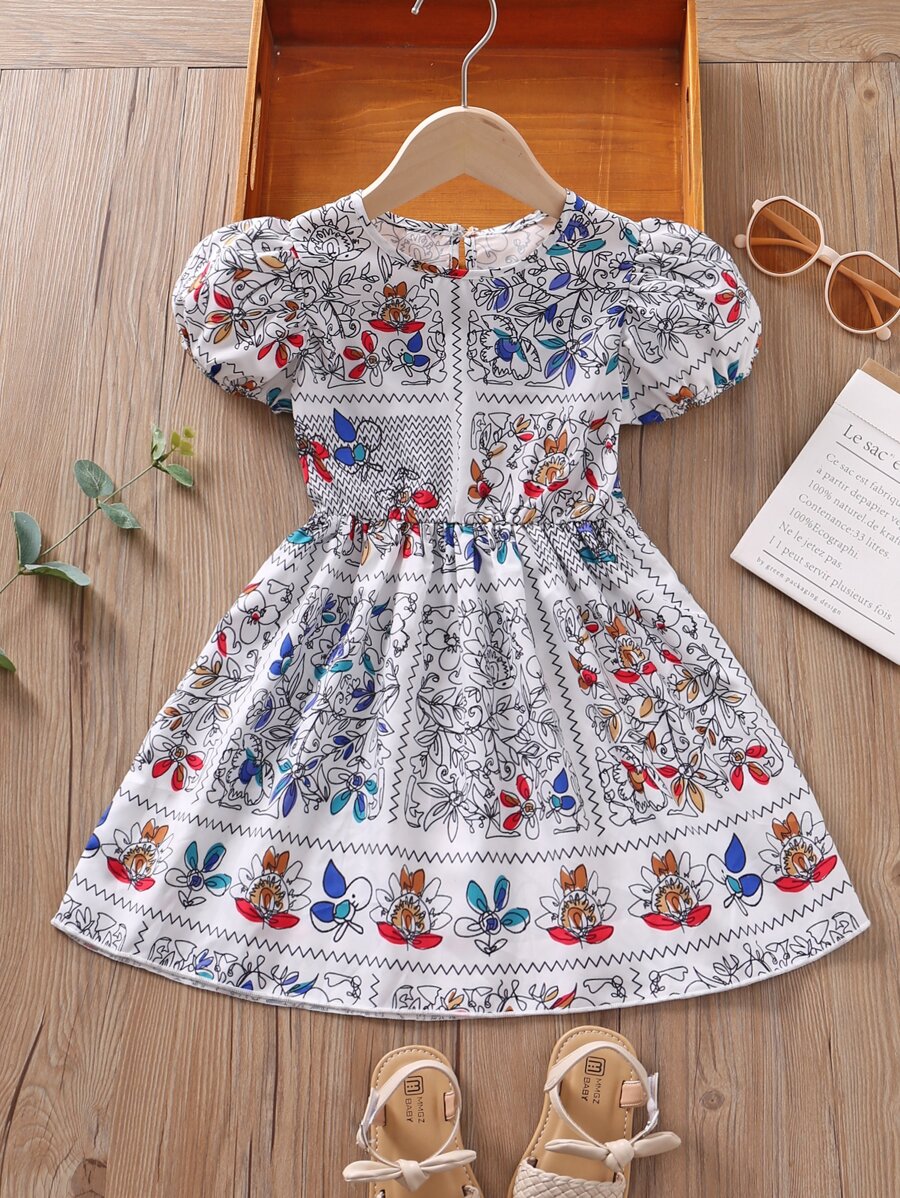 SHEIN Đầm bé gái In chữ V Hoa Boho - Nhiều màu - Xem 1