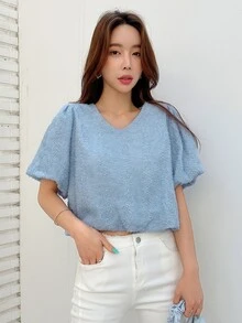 DAZY Butterfly Sleeve Crochet Blouse - Baby Blue - View 4