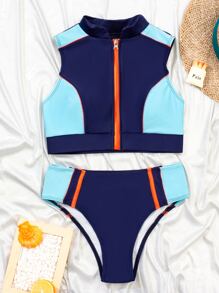 SHEIN Swim 拼色比基尼套装 前拉链背心和比基尼 2 件套比基尼 夏季海滩 - 藏蓝色 - 查看 3