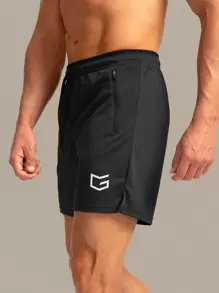 G Gradual Men Gym Shorts Graphic Print Drawstring Waist Sport Shorts With Phone Pocket Black Shorts Jogger Shorts Drawstring Shorts Summer Shorts - Black - View 6