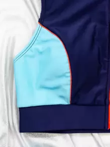 SHEIN Swim 拼色比基尼套装 前拉链背心和比基尼 2 件套比基尼 夏季海滩 - 藏蓝色 - 查看 4