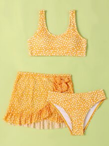Tween Girl 3 件装碎花比基尼套装和沙滩裙夏日海滩 - 黃色 - 查看 5
