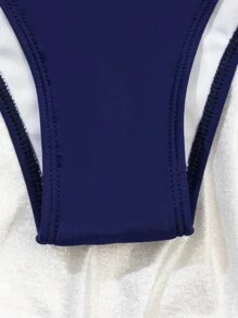 SHEIN Swim 拼色比基尼套装 前拉链背心和比基尼 2 件套比基尼 夏季海滩 - 藏蓝色 - 查看 5
