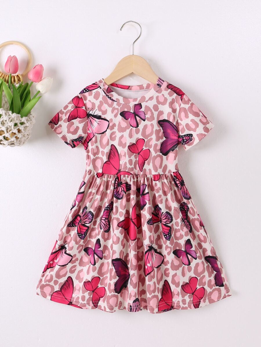 Toddler Girls Leopard & Butterfly Print Dress - Dusty Pink - View 1