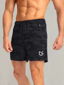 G Gradual Men Camo Print Split Hem Drawstring Waist Sports Shorts - Black - View 5