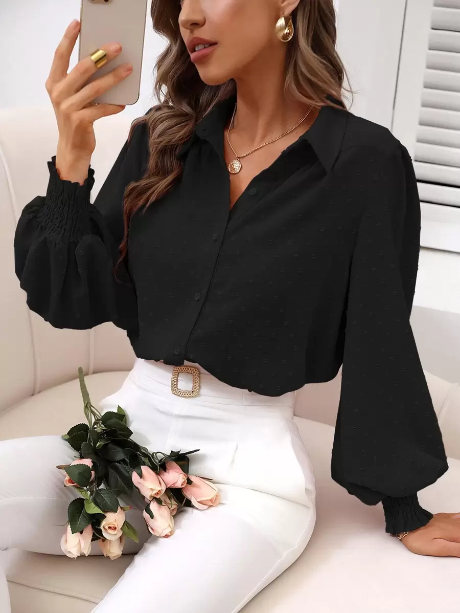 SHEIN ChicEase Camisa de manga farol con pliegues de lunares suizos, blusas de manga larga - Negro - Ver 1