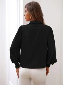 SHEIN ChicEase Camisa de manga farol con pliegues de lunares suizos, blusas de manga larga - Negro - Ver 2