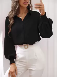 SHEIN ChicEase Camisa de manga farol con pliegues de lunares suizos, blusas de manga larga - Negro - Ver 3