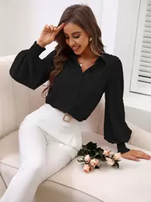 SHEIN ChicEase Camisa de manga farol con pliegues de lunares suizos, blusas de manga larga - Negro - Ver 5