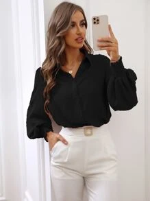 SHEIN ChicEase Camisa de manga farol con pliegues de lunares suizos, blusas de manga larga - Negro - Ver 6