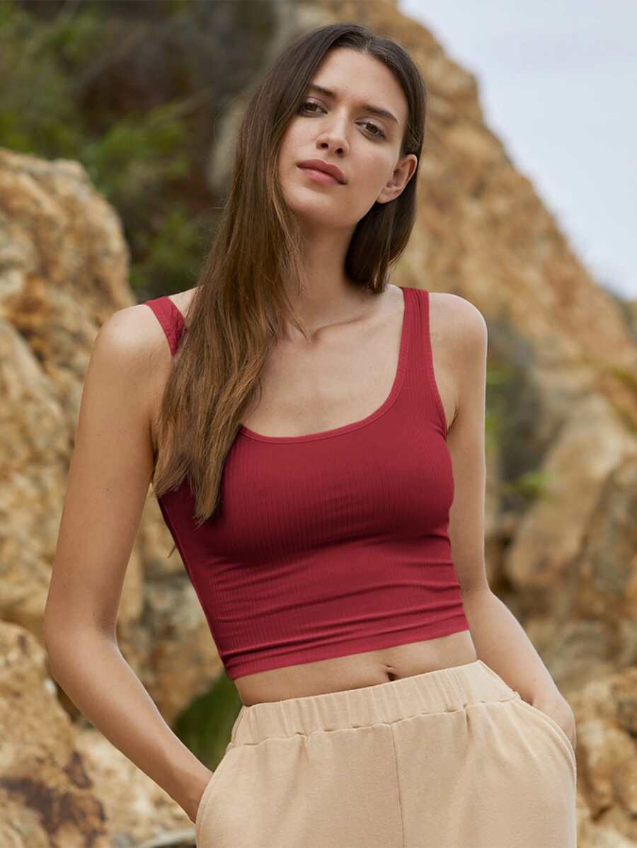 SHEIN EZwear Rib-knit Crop Tank Top - Red - View 1