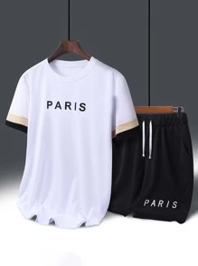 Manfinity Homme 男士字母圖案拼接面T恤和短褲 - 黑與白 - 查看 1