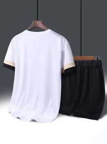 Manfinity Homme 男士字母圖案拼接面T恤和短褲 - 黑與白 - 查看 2